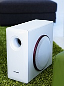 A white loudspeaker on a green flokati rug