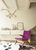 Stuhl aus Buchenholz mit pinkfarbener Polsterung, Geweihe an der Wand und ein Kuhfell