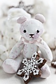 A teddy bear with a snowflake biscuit
