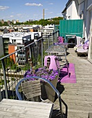 A balcony with wooden boards