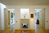 A minimalistic anteroom with a fireplace that also serves the living room and open doorways