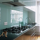 A kitchen with stainless steel cupboards and a glass rear wall