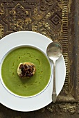 Wild leek soup with onion and bacon crostini