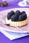 A blackberry tartlet on a pink plate