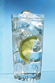 A glass of water with ice cubes and a slice of lemon