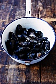 Fresh mussels in a colander