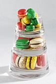 A pyramid of macaroons in glass bowls