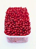 A plastic container of fresh cranberries