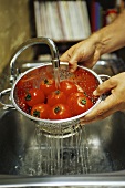 Washing tomatoes in colander