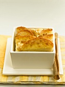 Bread pudding in a square bowl