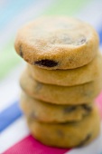 A pile of chocolate chip cookies (close-up)