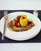 Roast pork with sweetcorn and carrots