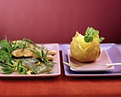 Salmon trout with herbs and corn salad; baked potato