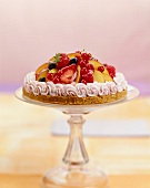 Cold fruit gateau with icing sugar on cake plate