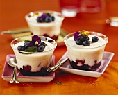Yoghurt cream with blueberries and violets