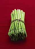 Green asparagus, in a bundle, on red background