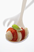 Tomatoes with mozzarella and basil on plastic ladle