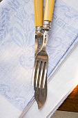 Fish knife and fork on blue patterned cloth