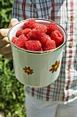 Person holding a mug of raspberries