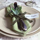 Gedeck für Thanksgiving mit grüner Serviette und Salbei (USA)