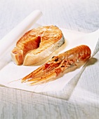 A salmon cutlet and a shrimp