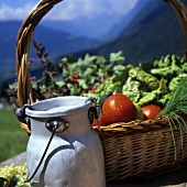 Milchkanne und Korb mit Salat und Tomaten