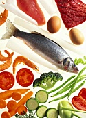 Picture symbolising high-protein diet (meat, fish, vegetables)