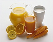 Orange juice, carrot juice and milk