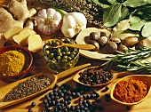 Various spices, garlic and rosemary