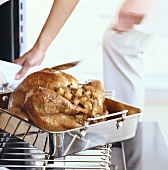 Basting stuffed turkey with cooking juices