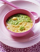 Pea and sweetcorn puree in form of ying-yang symbol