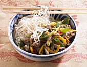 Asian style ostrich with rice noodles