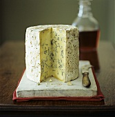 Stilton cheese with knife and port wine