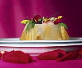 Green salad with roses in wafer shell