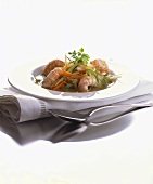 King prawns with vegetables in fish stock