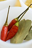 Chili peppers and bay leaf in a small glass bowl