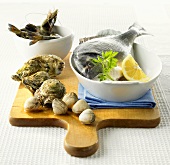 Fish and seafood on a wooden board
