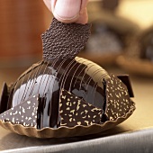 Decorating a chocolate confection (close-up)