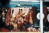 Fresh meat and sausages at a market