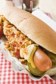 Hot Dog mit Ketchup, Senf, Mayonnaise, Essiggurken, Zwiebeln