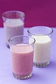 Three different smoothies (strawberry, apricot, blueberry)