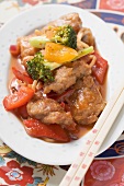 Sweet and sour pork with peppers and broccoli (Asia)