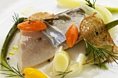 Marinated charr with mild pickled vegetables (close-up)