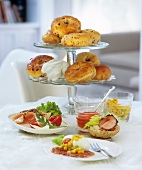 Sweet and savoury bagels on tiered stand, appetisers