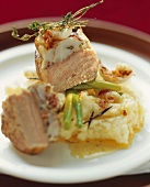 Loin of veal with prawn crust on mashed potato