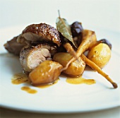 Roast duck breast with potatoes and parsnips