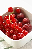 Redcurrants and raspberries in a dish