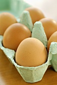 Six brown eggs in an egg box