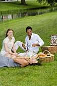 Man and two women picnicking by a stream