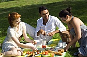 Drei lustige Menschen beim Picknick